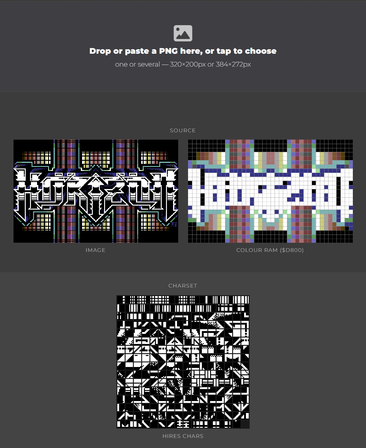 CharSet Lab breaking a logo down into its source image, colour RAM, and character set