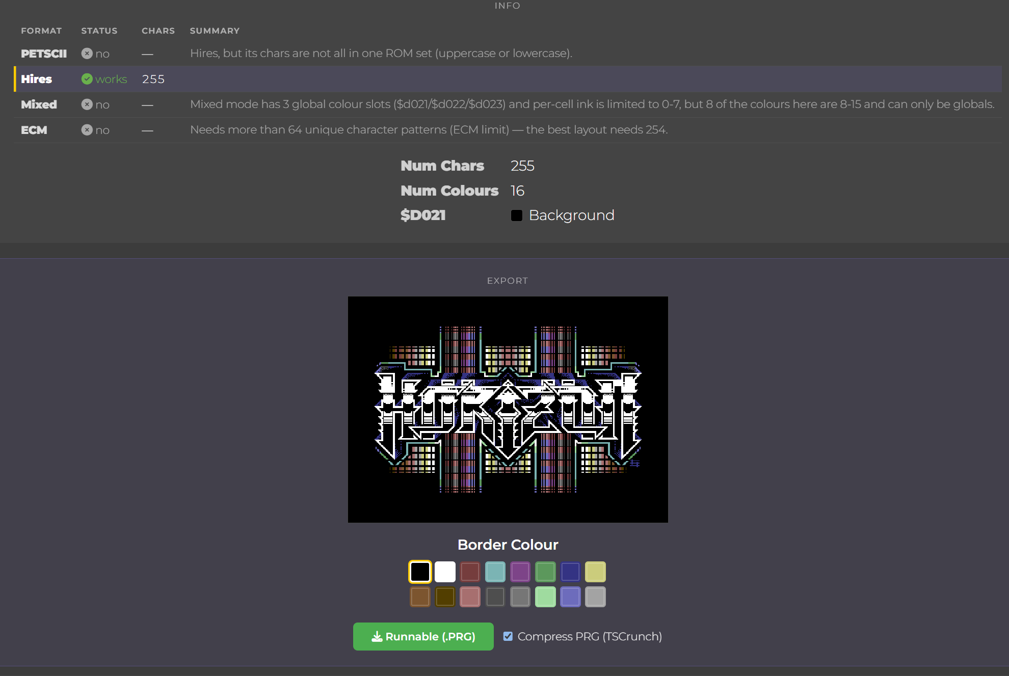CharSet Lab reporting the logo as Hires at 255 characters, with a runnable .PRG export